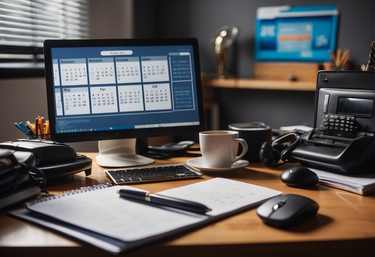 A desk cluttered with sports equipment, a laptop, and a notepad. A calendar on the wall shows deadlines. The room is filled with the hum of typing and occasional bursts of excitement