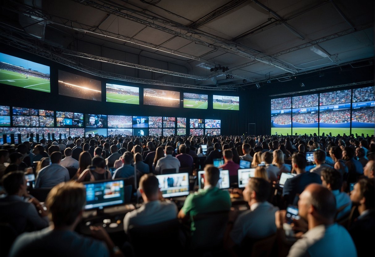 A crowded sports media watch event with multiple platforms displayed