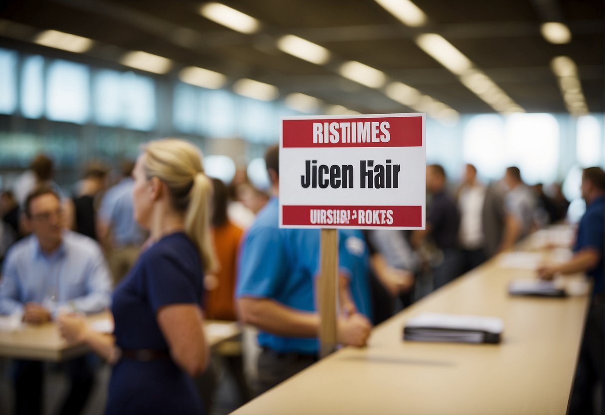 A bustling job fair with a prominent "Sports Journalist Vacancy" sign. Crowds of eager applicants and recruiters fill the space