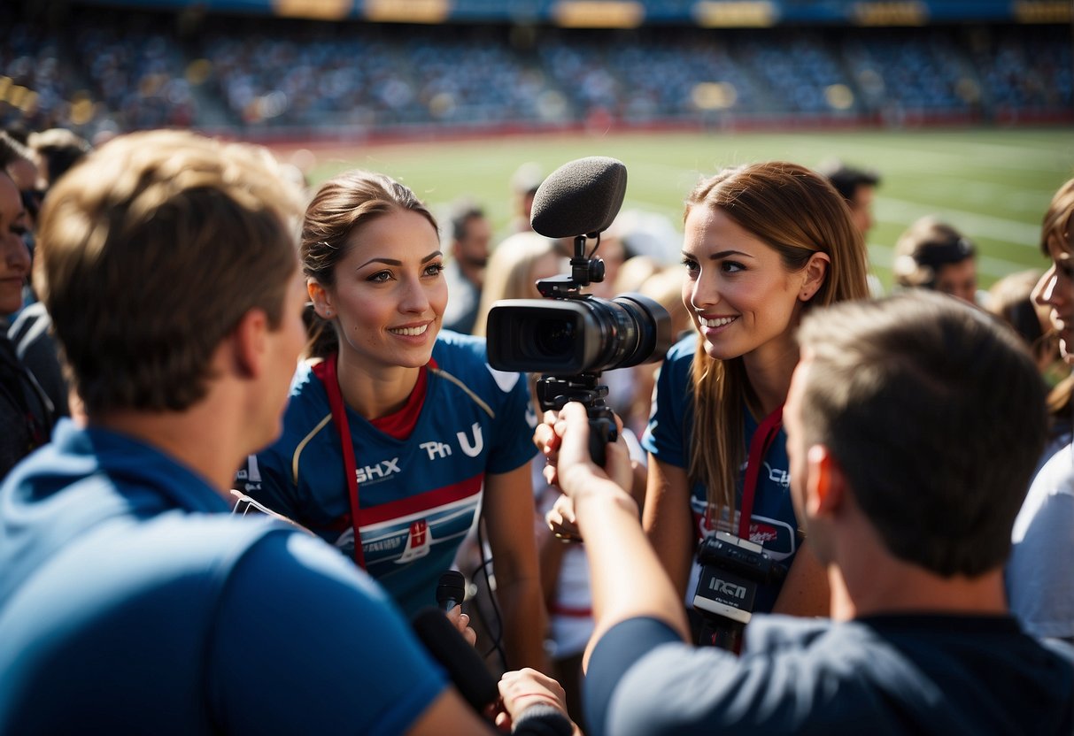 Female sports journalists interviewing athletes at a crowded stadium