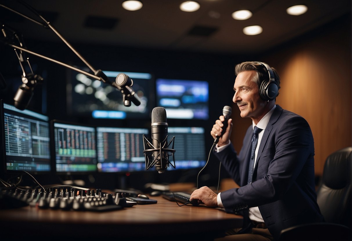 A sports radio broadcaster speaks into a microphone, surrounded by soundproof walls and equipment, while broadcasting live updates and commentary on various sports events