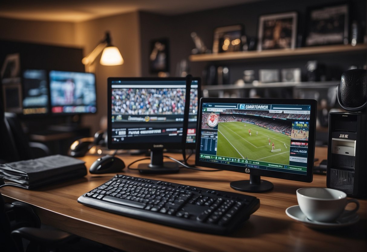 A sports journalist typing at a desk with sports memorabilia on the wall, a computer screen displaying game scores, and a stack of newspapers