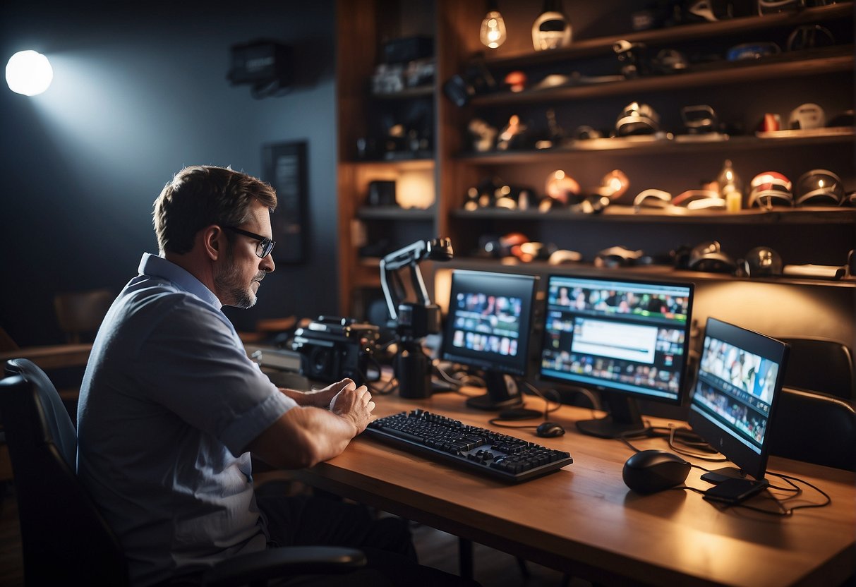 A sports journalist typing on a laptop, surrounded by sports memorabilia and media equipment