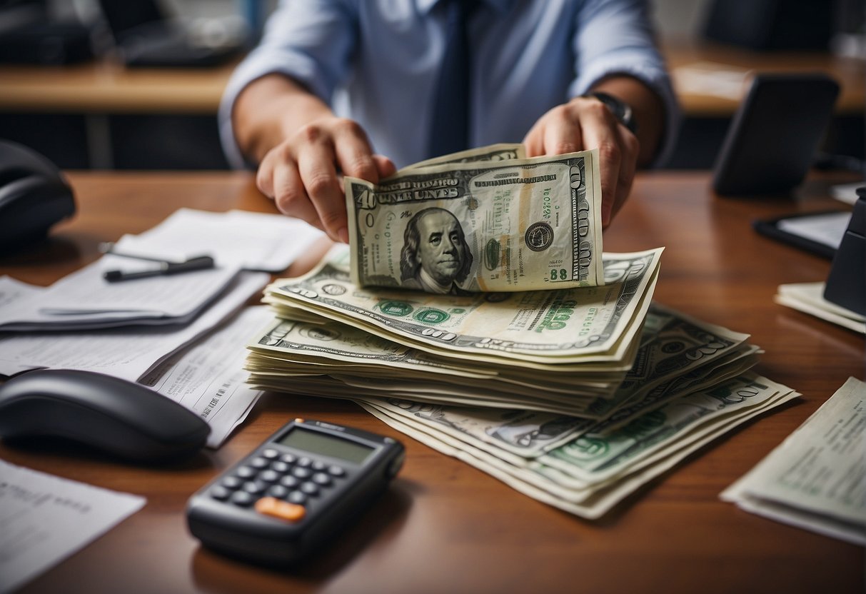 A sports journalist receives a paycheck with a substantial salary figure, surrounded by sports equipment and a bustling newsroom