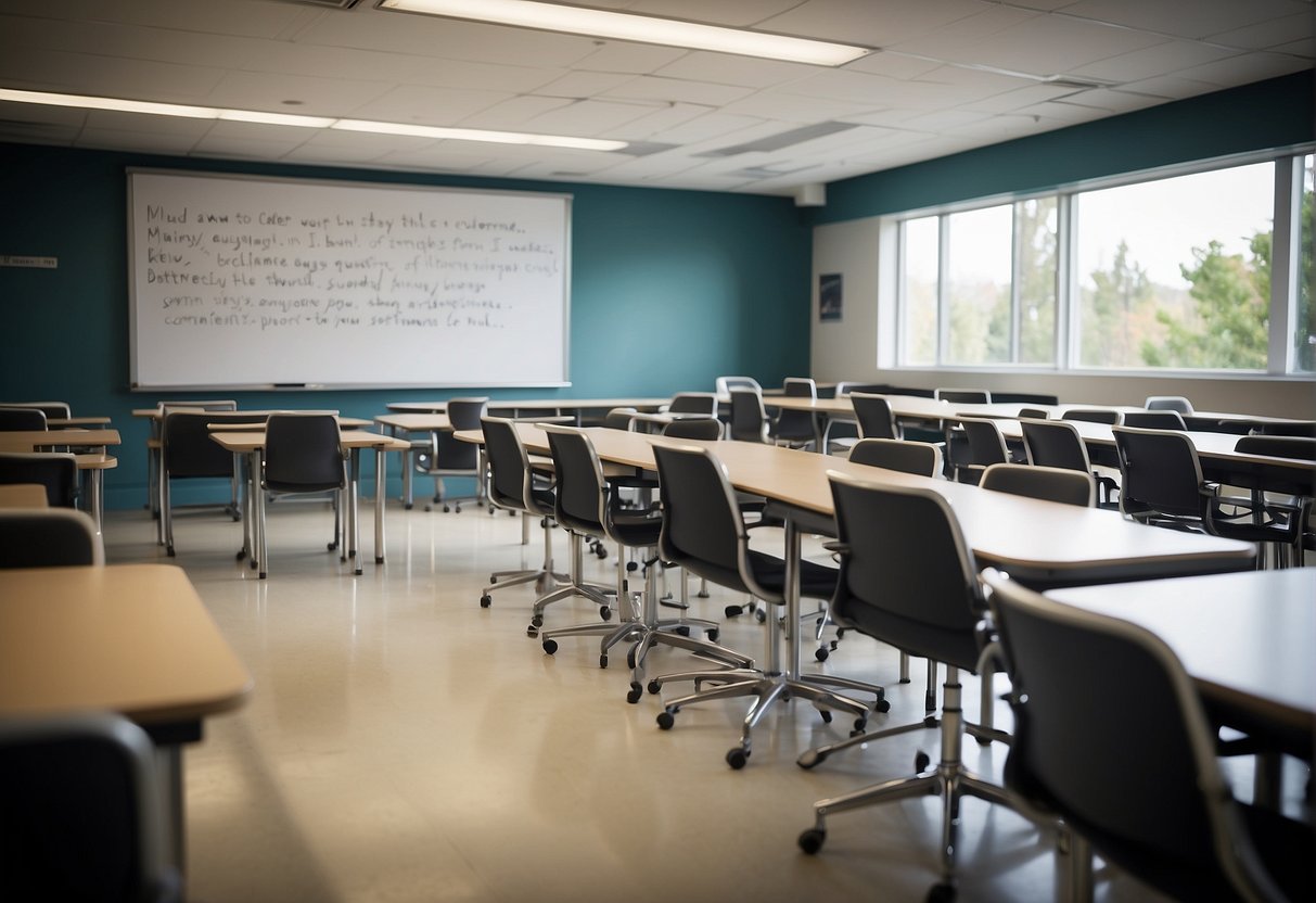A classroom with a whiteboard displaying "Key Skills and Courses sports journalism colleges" surrounded by desks and chairs