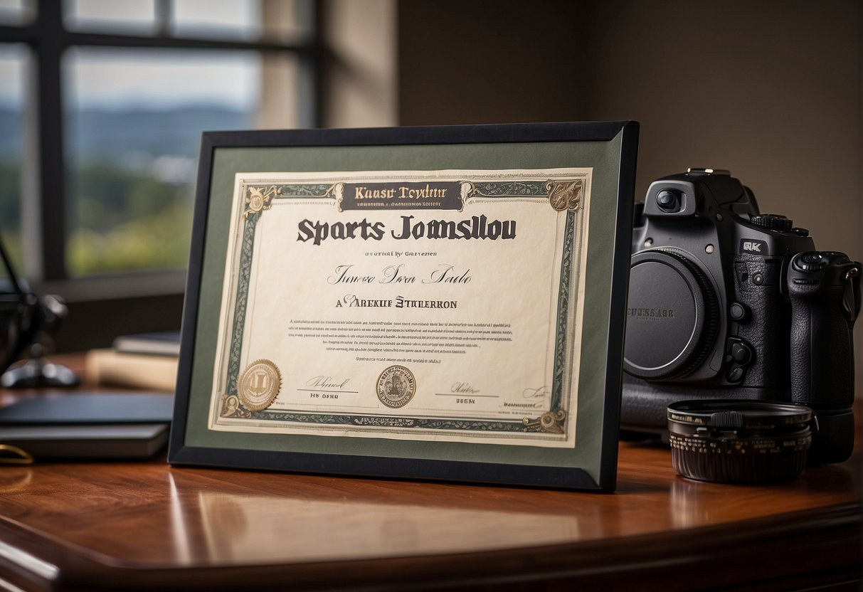 A sports journalism degree certificate displayed on a wall with sports memorabilia and a laptop on a desk