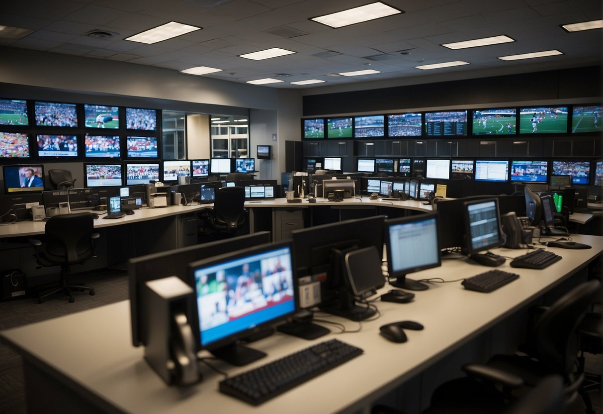 A bustling newsroom with sports memorabilia, computer screens, and reporters typing away. Empty desks signal vacancies