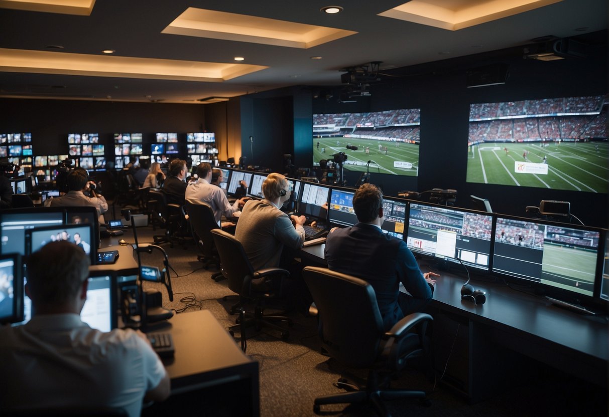 A crowded sports media room with journalists typing, cameras flashing, and TV screens broadcasting live events