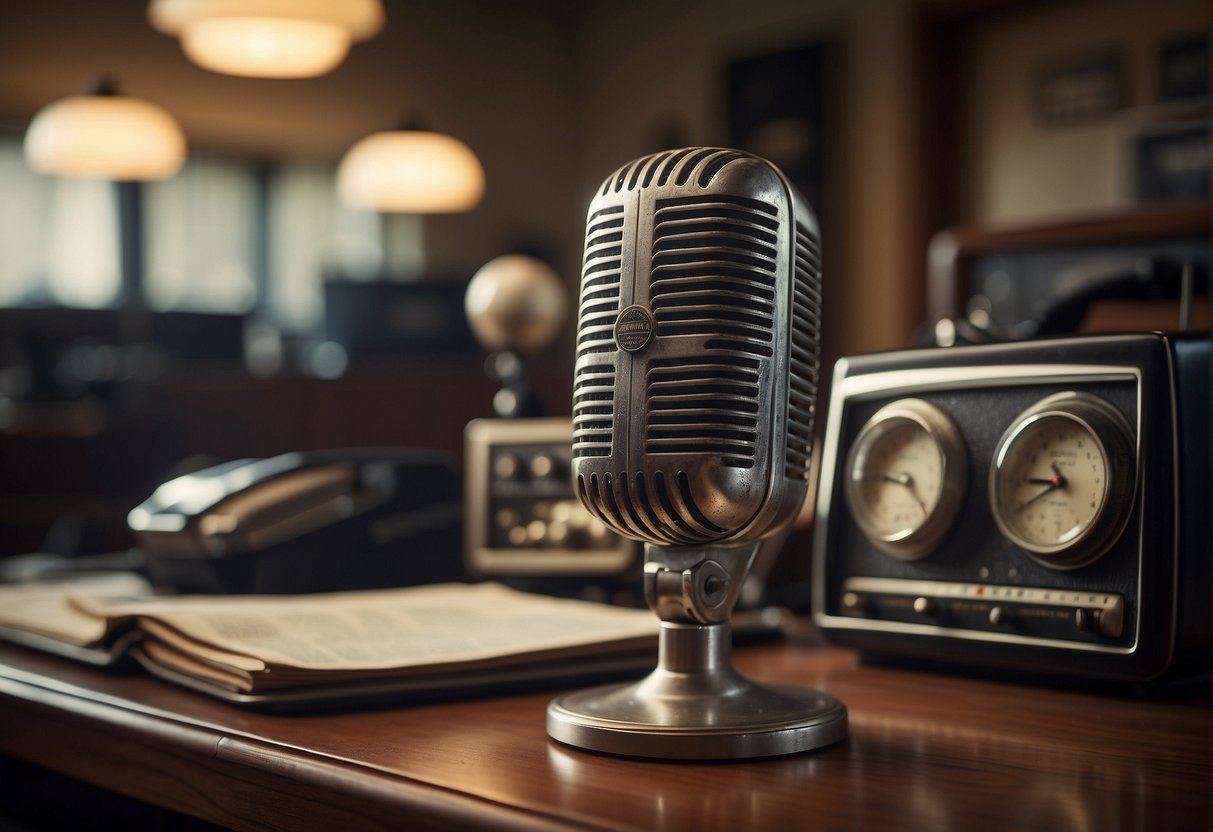 A vintage microphone sits on a desk, surrounded by old radio equipment. A poster of a baseball game hangs on the wall, broadcasting the excitement of the sports broadcasting act of 1961