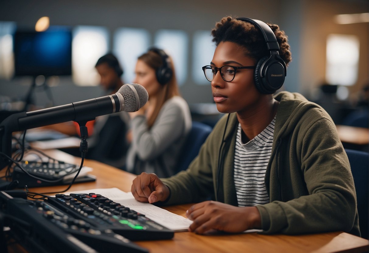 A student studies in a sports broadcasting class, surrounded by textbooks, microphones, and recording equipment