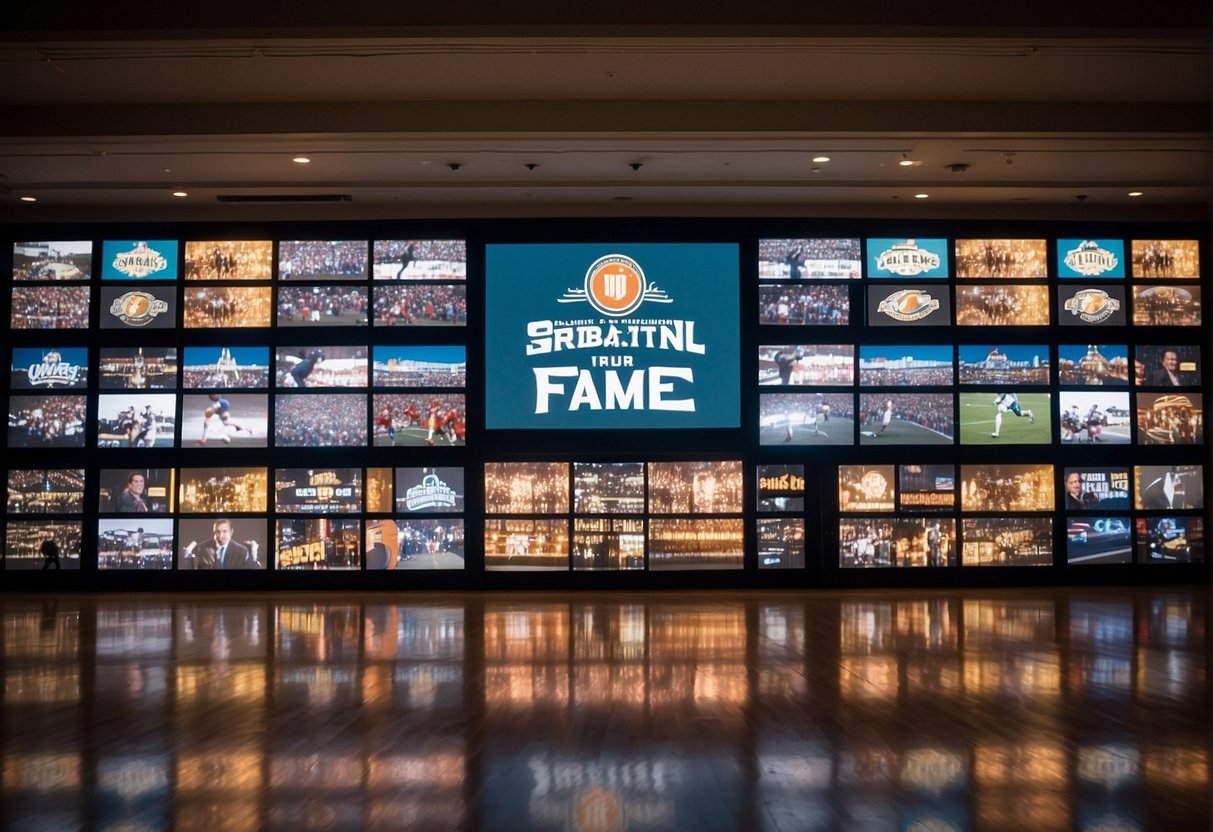 A wall of fame displays iconic sports broadcasters in a grand hall adorned with memorabilia and giant screens broadcasting historic moments