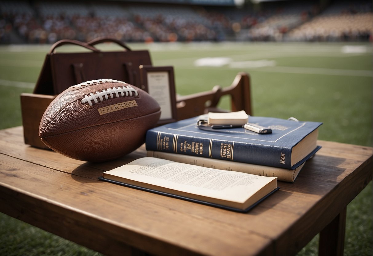 A football field with journalism textbooks scattered around, a diploma hanging on the goal post, and a banner reading "Educational Pathways football journalism degree."