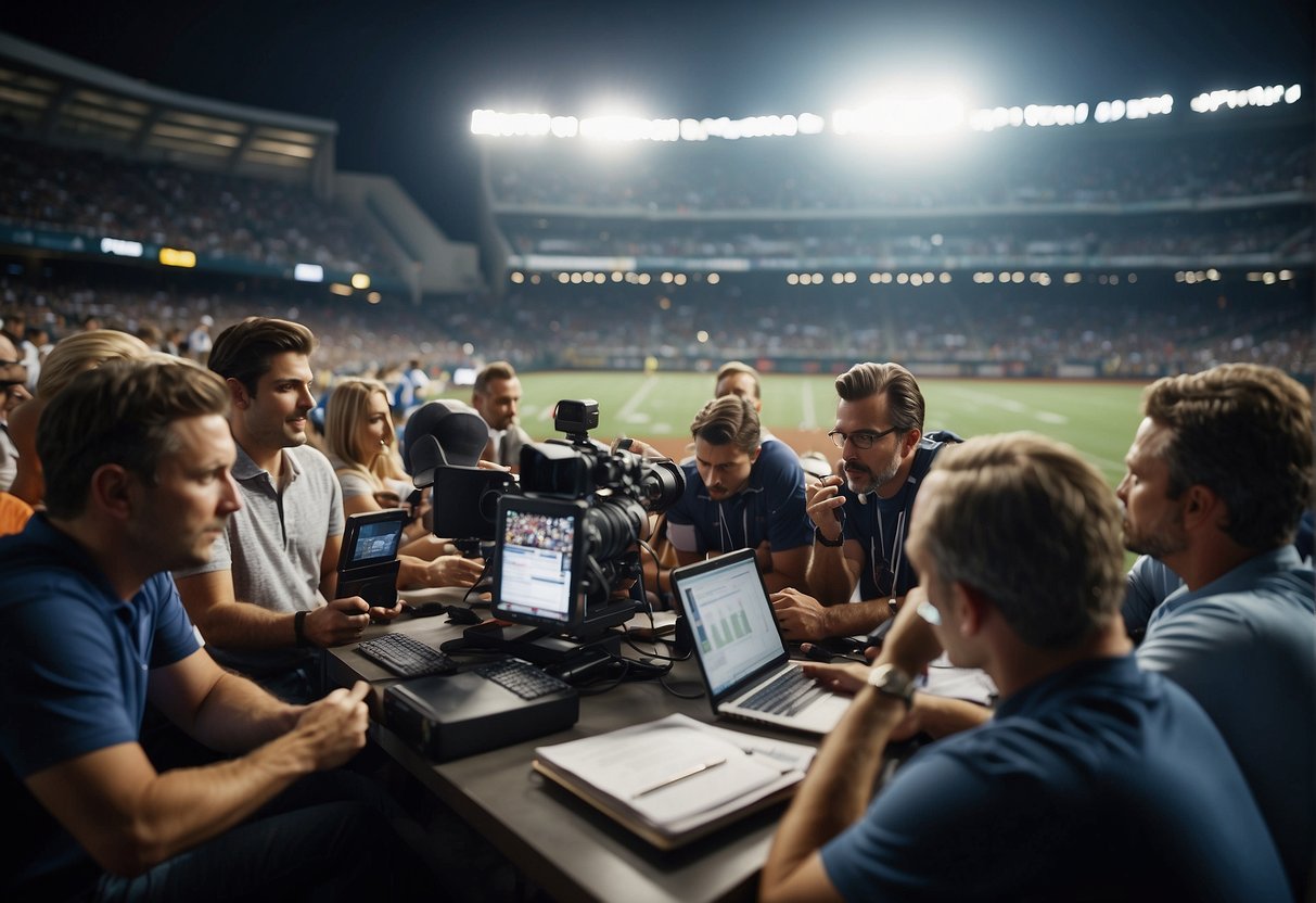 A group of sports journalists gather around a crowded press box, eagerly taking notes and capturing the action on the field