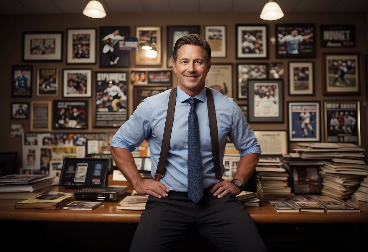 A sports journalist celebrates a promotion with a higher salary, surrounded by sports memorabilia and a wall of framed articles