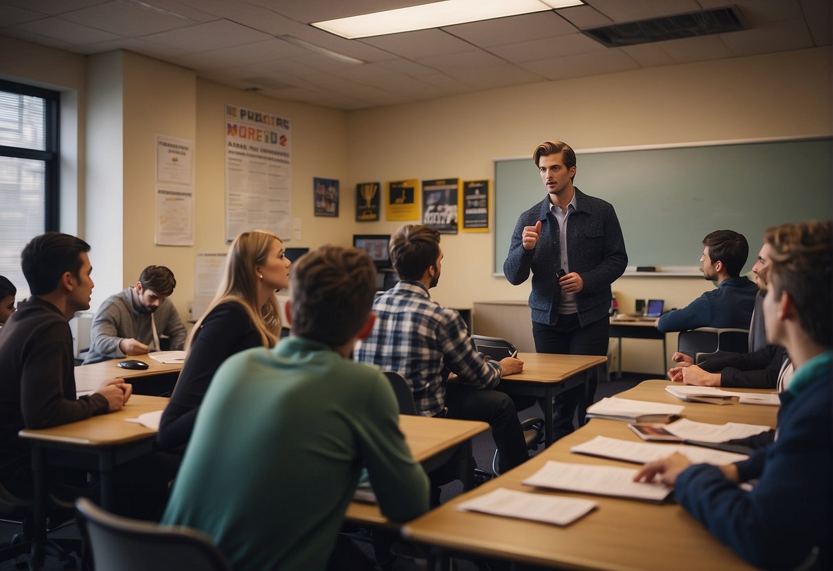 A classroom with students and a teacher discussing sports journalism, with books, computers, and sports memorabilia on the walls