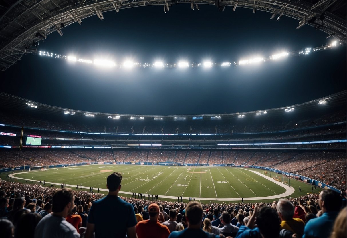 A crowded stadium with bright lights and a giant screen displaying the "Sports Broadcasting Rights" logo. Fans cheer as players compete on the field