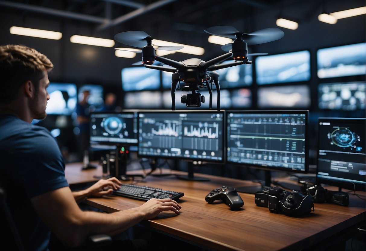 Cameras capture athletes in motion, while drones fly overhead. Screens display real-time data and statistics. Fans engage through social media