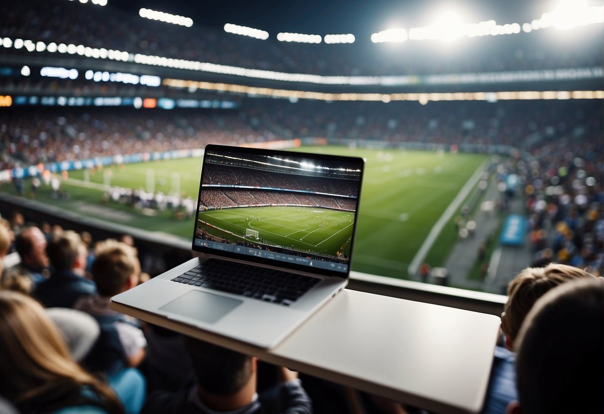 A crowded stadium with cheering fans, a field with players in action, and a reporter with a microphone and notebook capturing the energy of the game