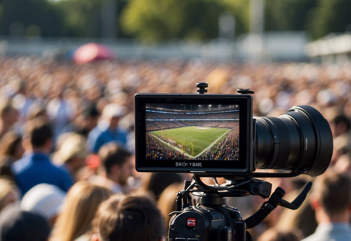Crowds cheer as cameras capture the action on the field. Media tents line the sidelines, broadcasting the event to millions worldwide