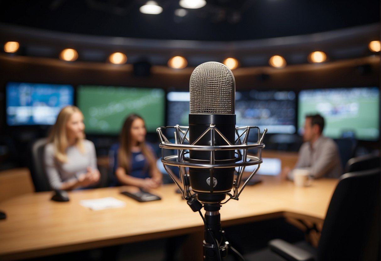 Students practicing commentary in a broadcast studio with microphones and sports equipment
