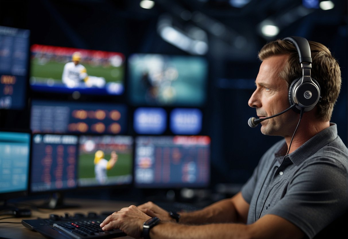 A sports broadcaster in a studio, wearing headphones, speaking into a microphone, with screens displaying live games and statistics