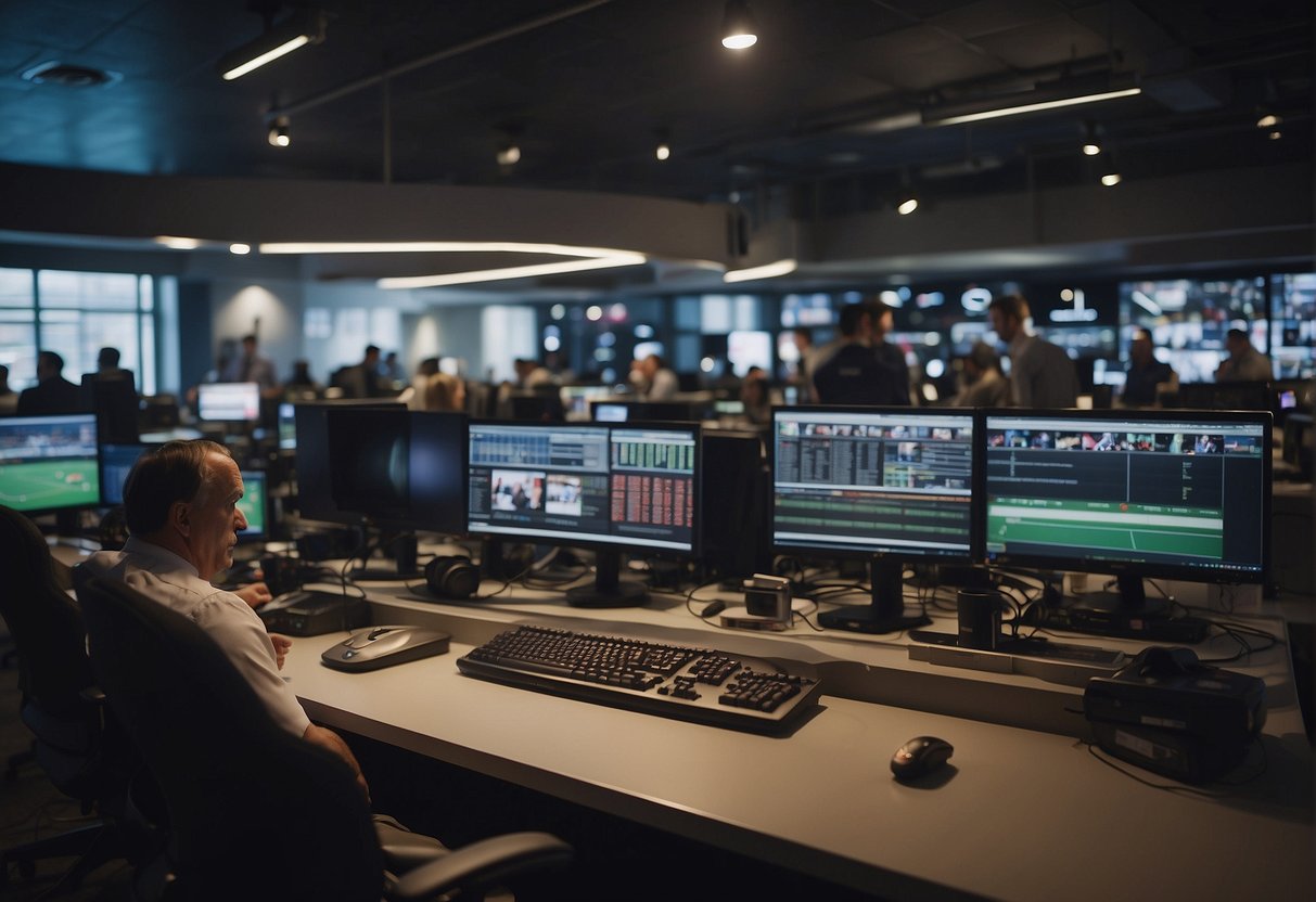 A bustling sports newsroom with journalists typing, cameras rolling, and sports memorabilia on display. The atmosphere is energetic and filled with excitement