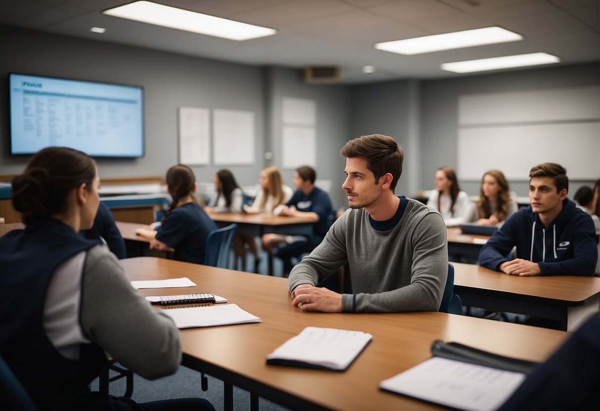 A classroom with sports journalism textbooks, a whiteboard with course schedules, and students engaged in discussions