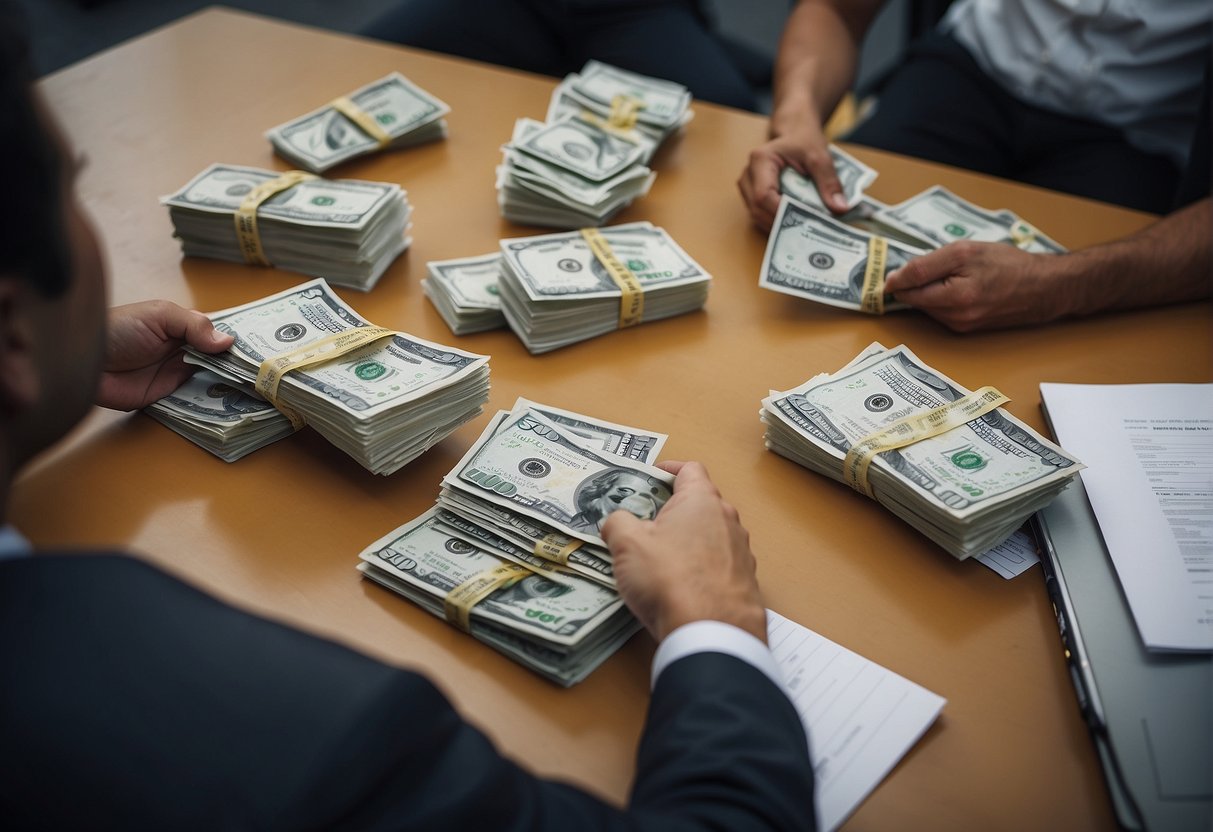 Sports journalists paychecks being handed out by a manager in a bustling newsroom