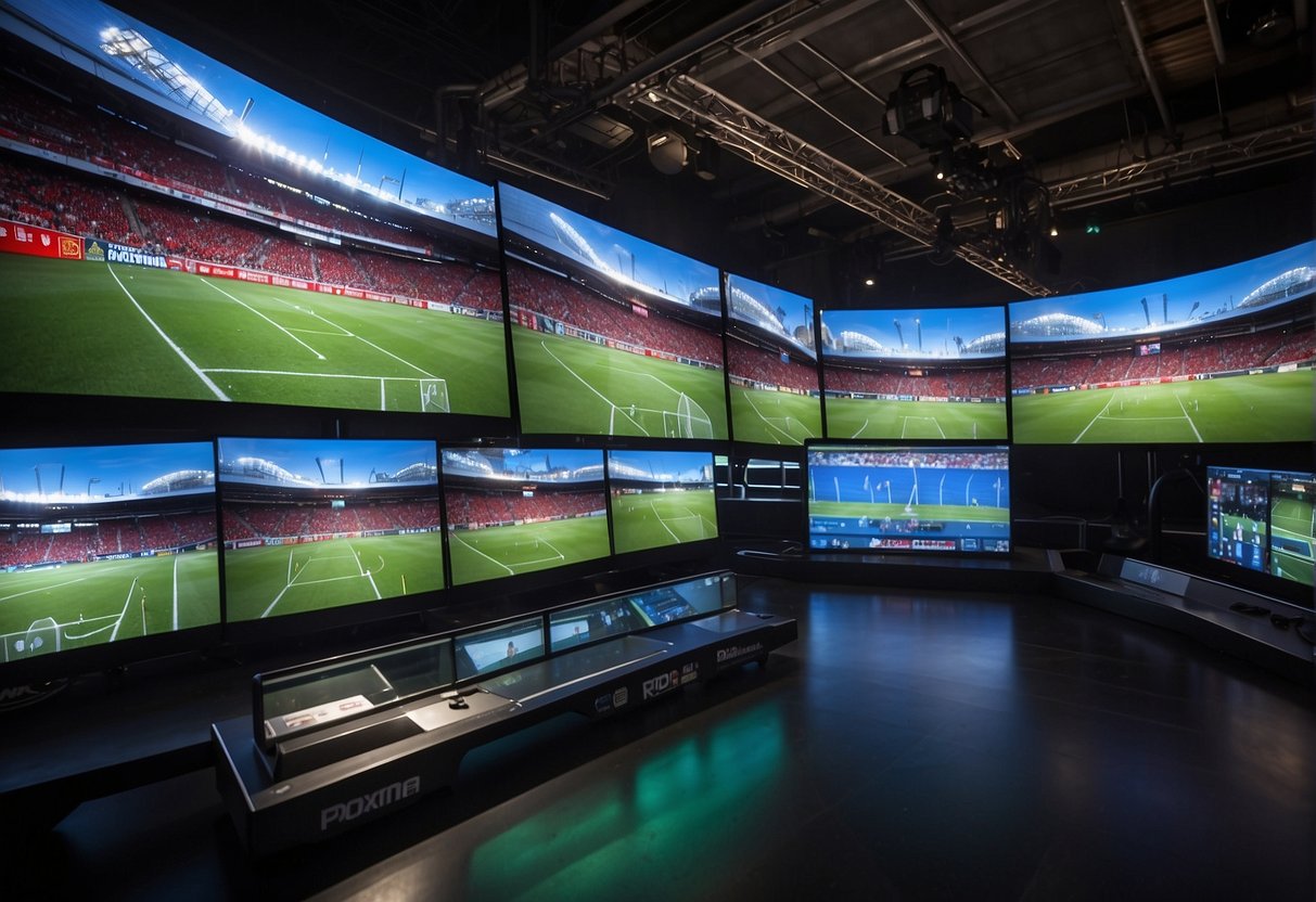 A large screen displays live sports data with digital graphics and interactive features. Multiple cameras capture the game action from different angles