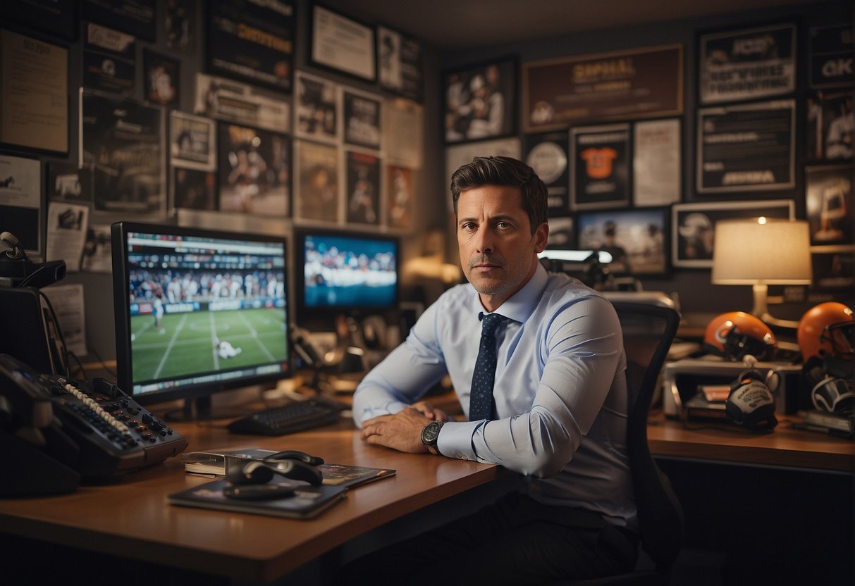 A sports journalist sits at a desk, surrounded by sports memorabilia and equipment. A computer screen displays sports statistics and news