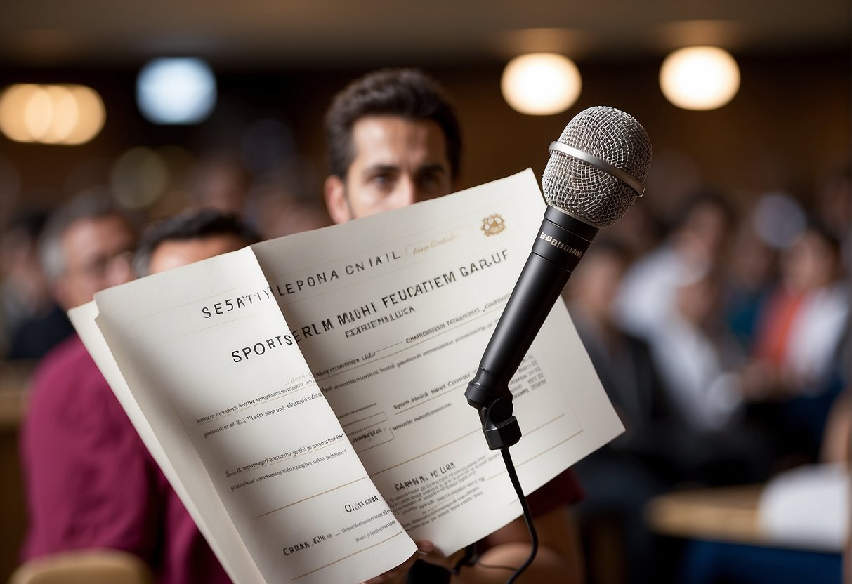 A person holding a diploma with "Sports Media Degree" written on it. A microphone and camera are in the background, symbolizing sports journalism