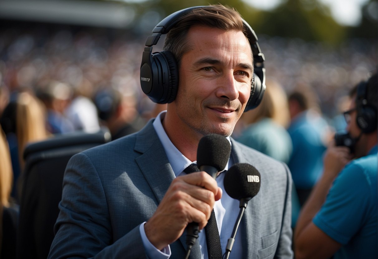 A sports broadcaster at a live event, speaking into a microphone with headphones on, surrounded by cameras and equipment