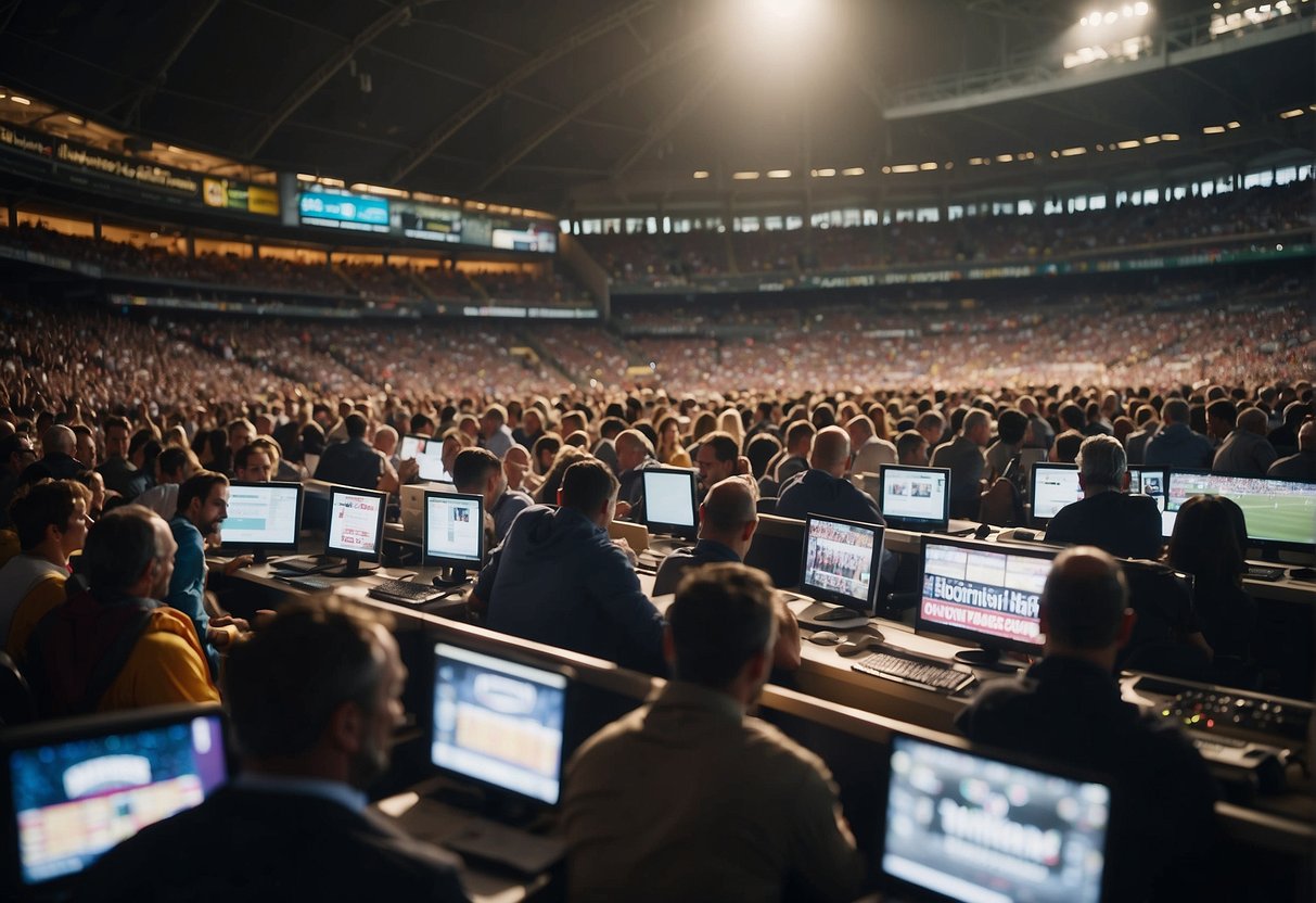 A crowded press box at a major sporting event, with journalists furiously typing on laptops and shouting into phones, surrounded by banners and memorabilia celebrating the history of sports journalism