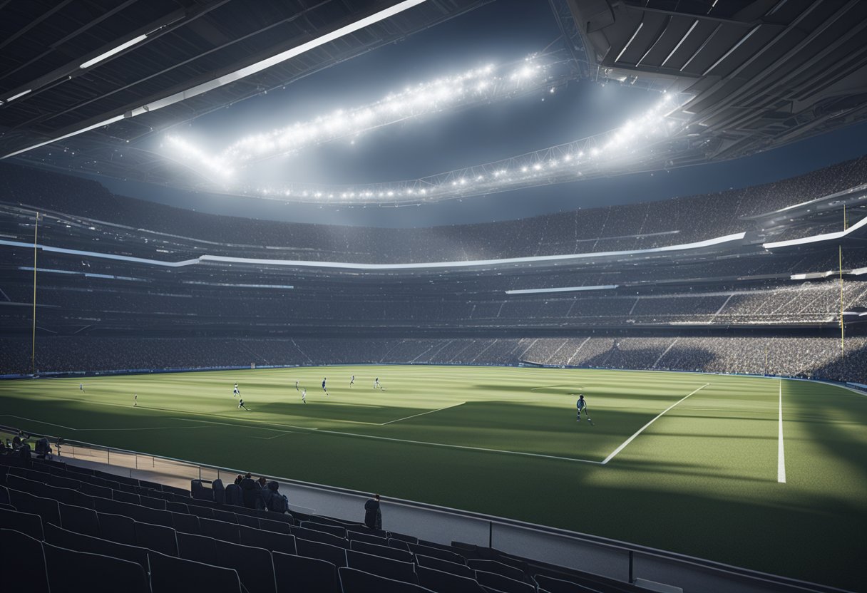 A sleek, modern sports stadium with high-tech screens and cameras capturing every angle of the game. Fans watch on their smartphones, enjoying instant replays and real-time stats