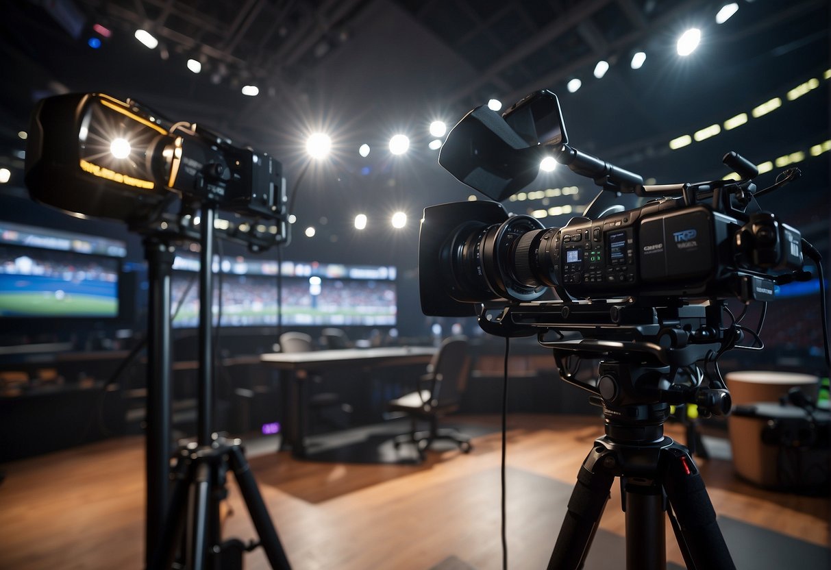 A professional sports broadcast setup with cameras, microphones, and graphics equipment in a studio or stadium setting