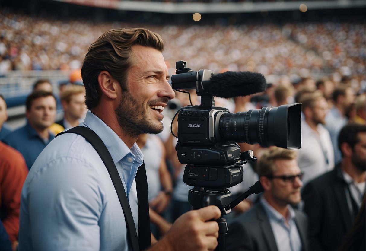 A sports journalist interviews athletes in a crowded stadium, surrounded by cheering fans and flashing cameras