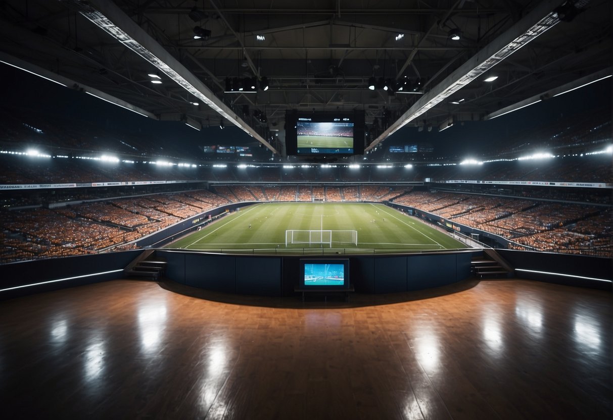 A sports stadium with digital screens displaying various content and advertisements, while viewers engage with interactive features