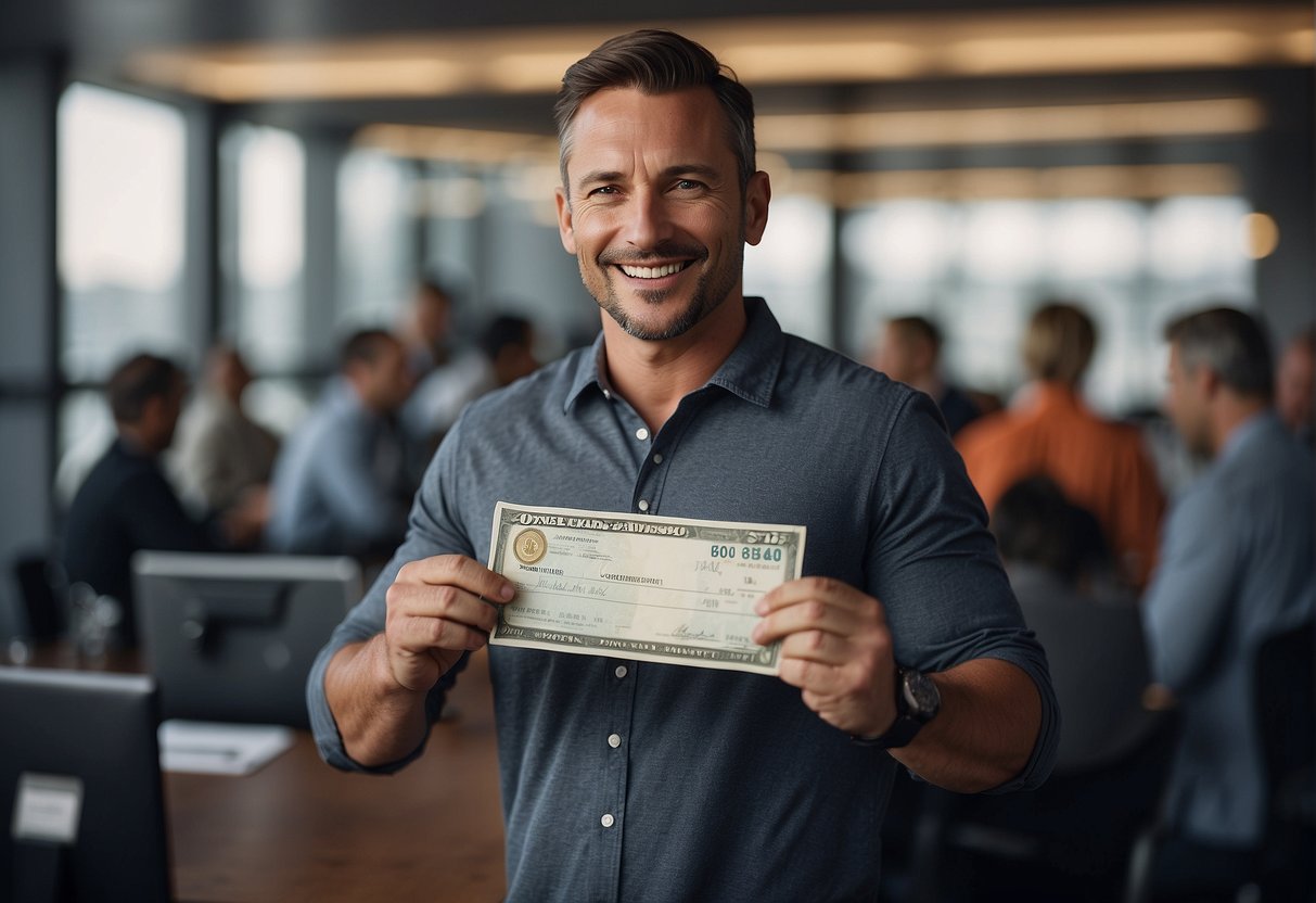 A sports journalist receives a bonus check, smiling with satisfaction