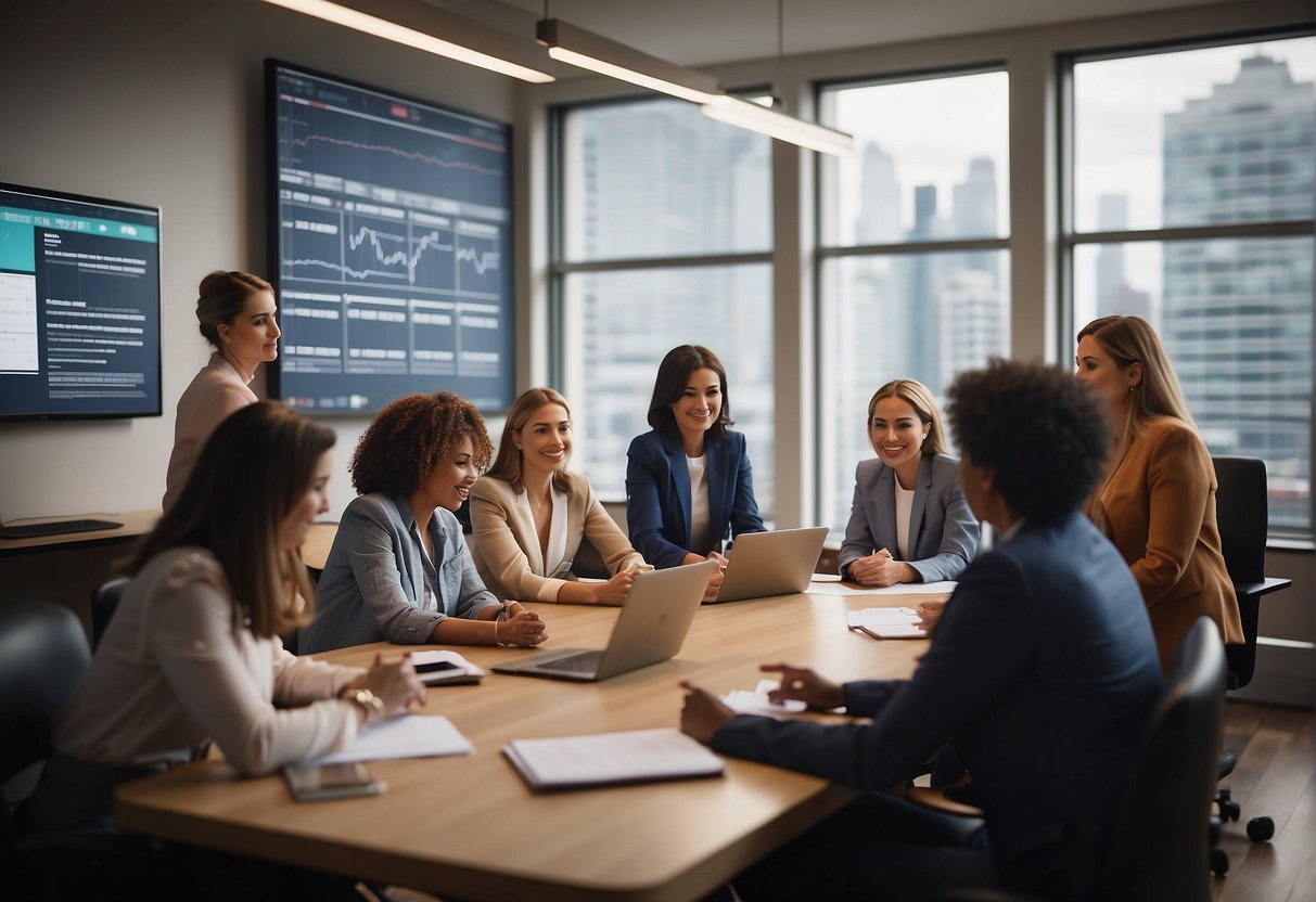 A group of women gather around a table, discussing sports journalism. Charts and graphs adorn the walls, as laptops and notebooks lay open, filled with notes and ideas