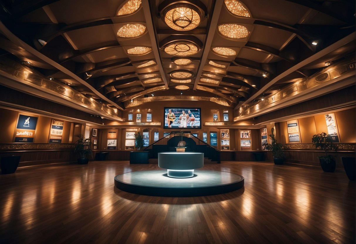 A grand hall with iconic sports moments displayed, surrounded by plaques honoring legendary broadcasters