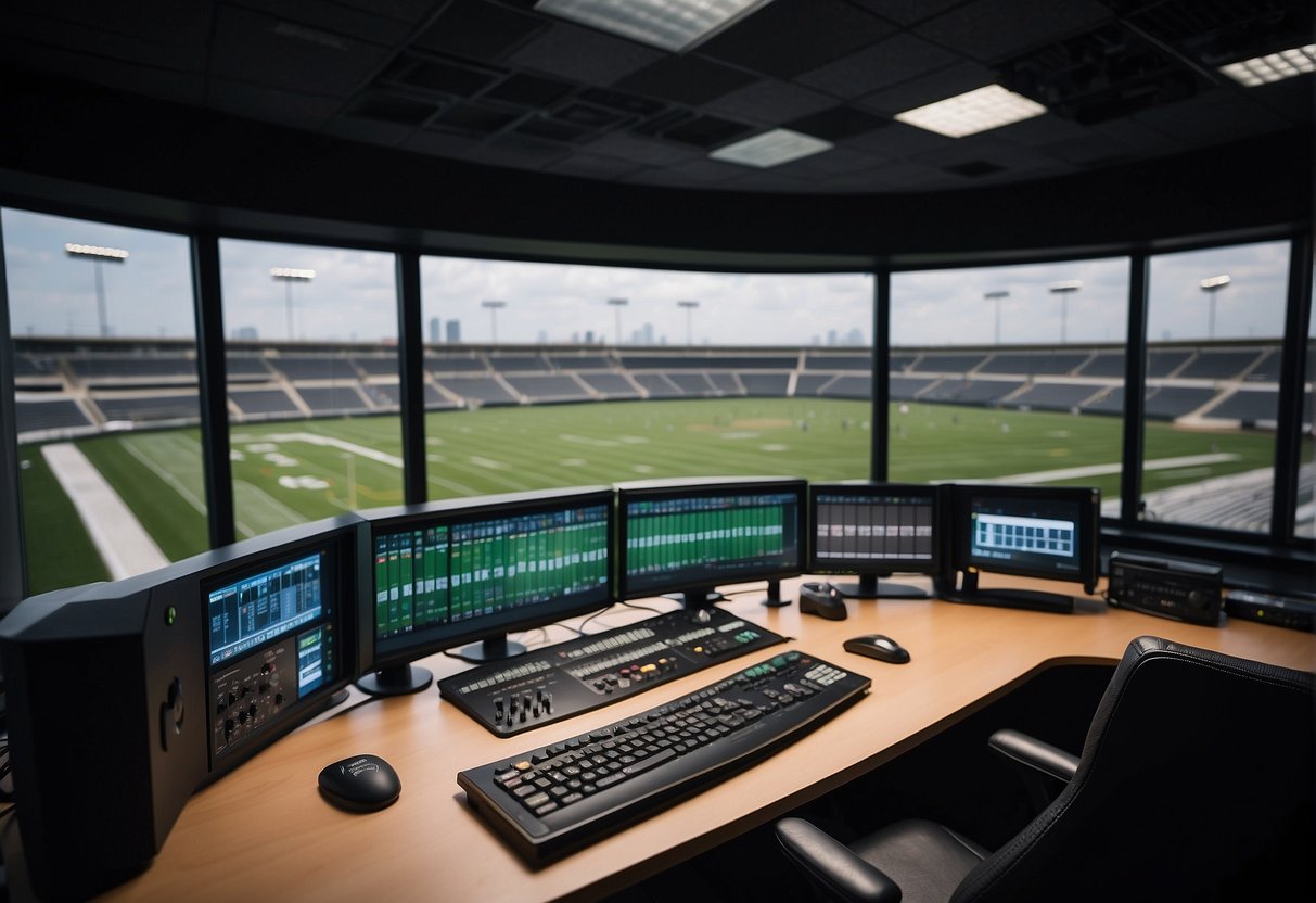A sports radio broadcasting studio with multiple microphones, soundproof walls, and a control panel. A large window overlooks a stadium