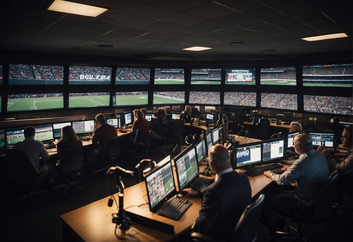 A bustling press box with reporters typing, cameras flashing, and journalists interviewing athletes and coaches. Sports memorabilia and monitors displaying game stats fill the room