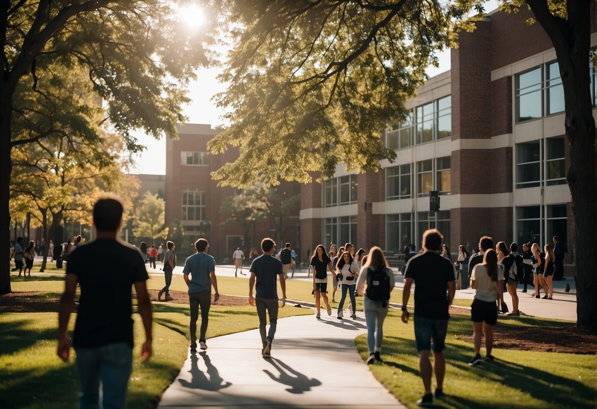A college campus with students playing various sports, surrounded by journalism and media buildings