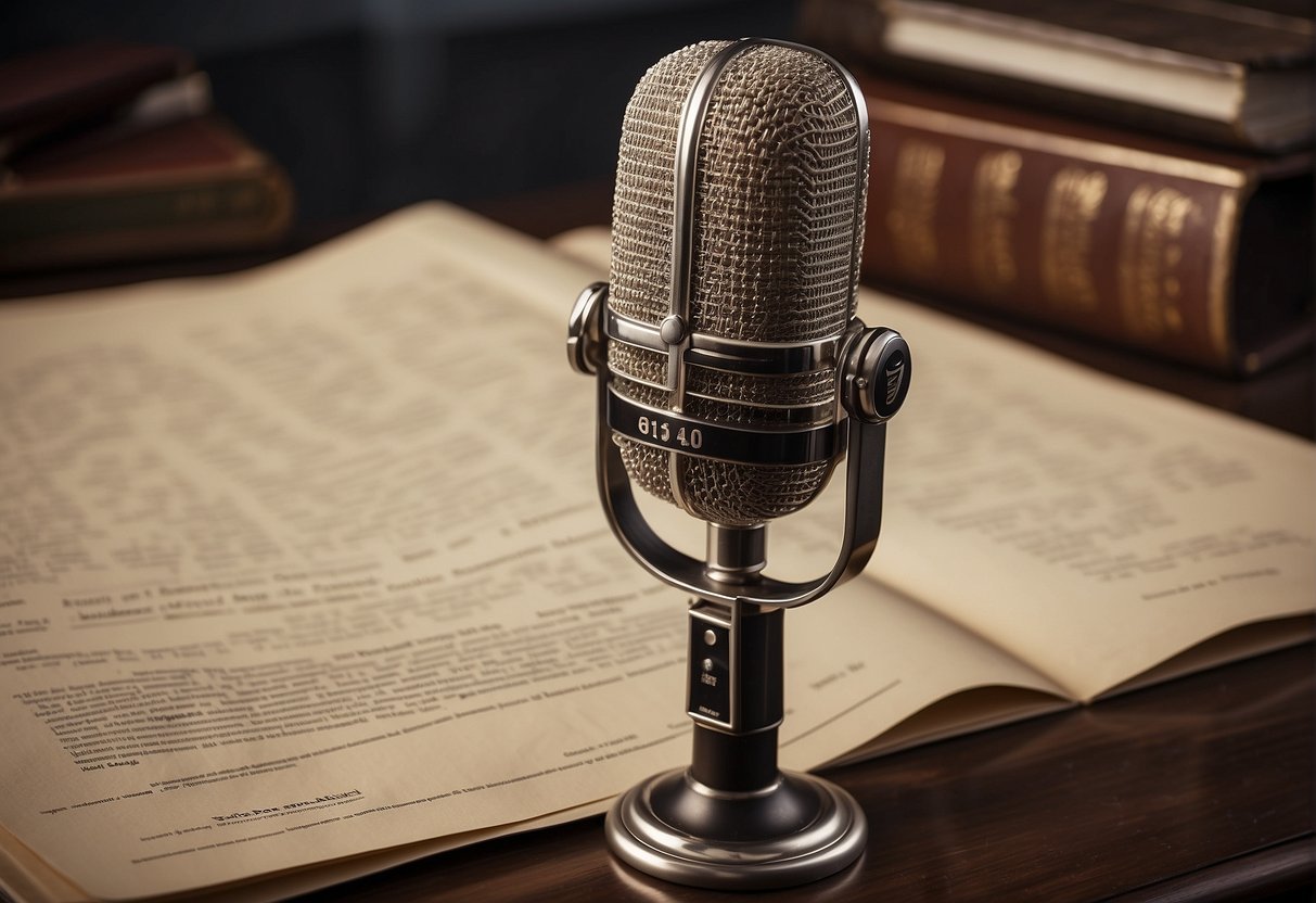 A vintage microphone stands on a desk, surrounded by legal documents and a contract. The words "Sports Broadcasting Act of 1961" are prominently displayed