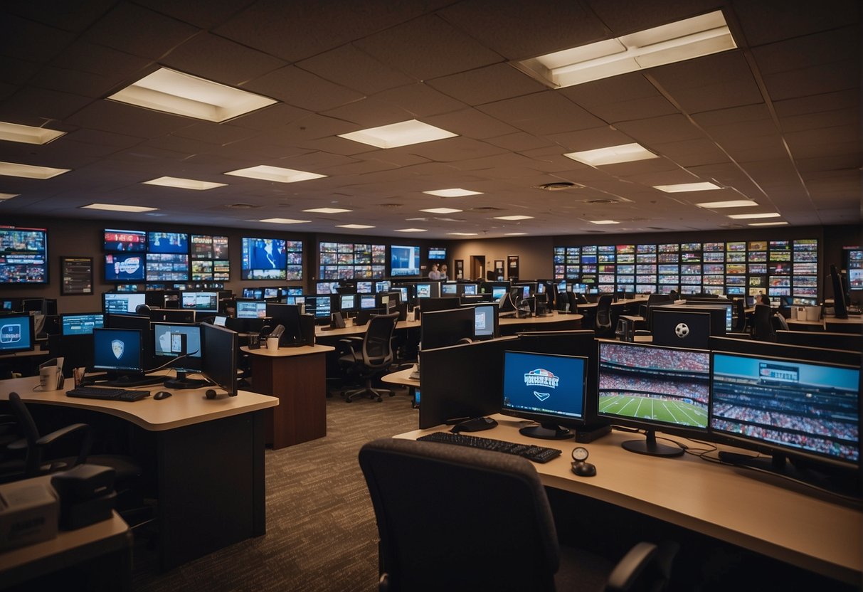 A bustling sports newsroom with journalists typing, editing, and discussing stories. Shelves of sports memorabilia and a wall of TVs broadcasting live games