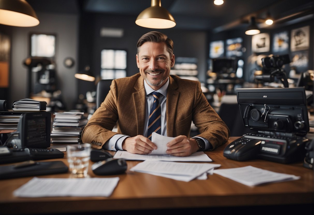 A sports journalist receiving a promotion letter with a salary increase offer, surrounded by sports memorabilia and a bustling newsroom