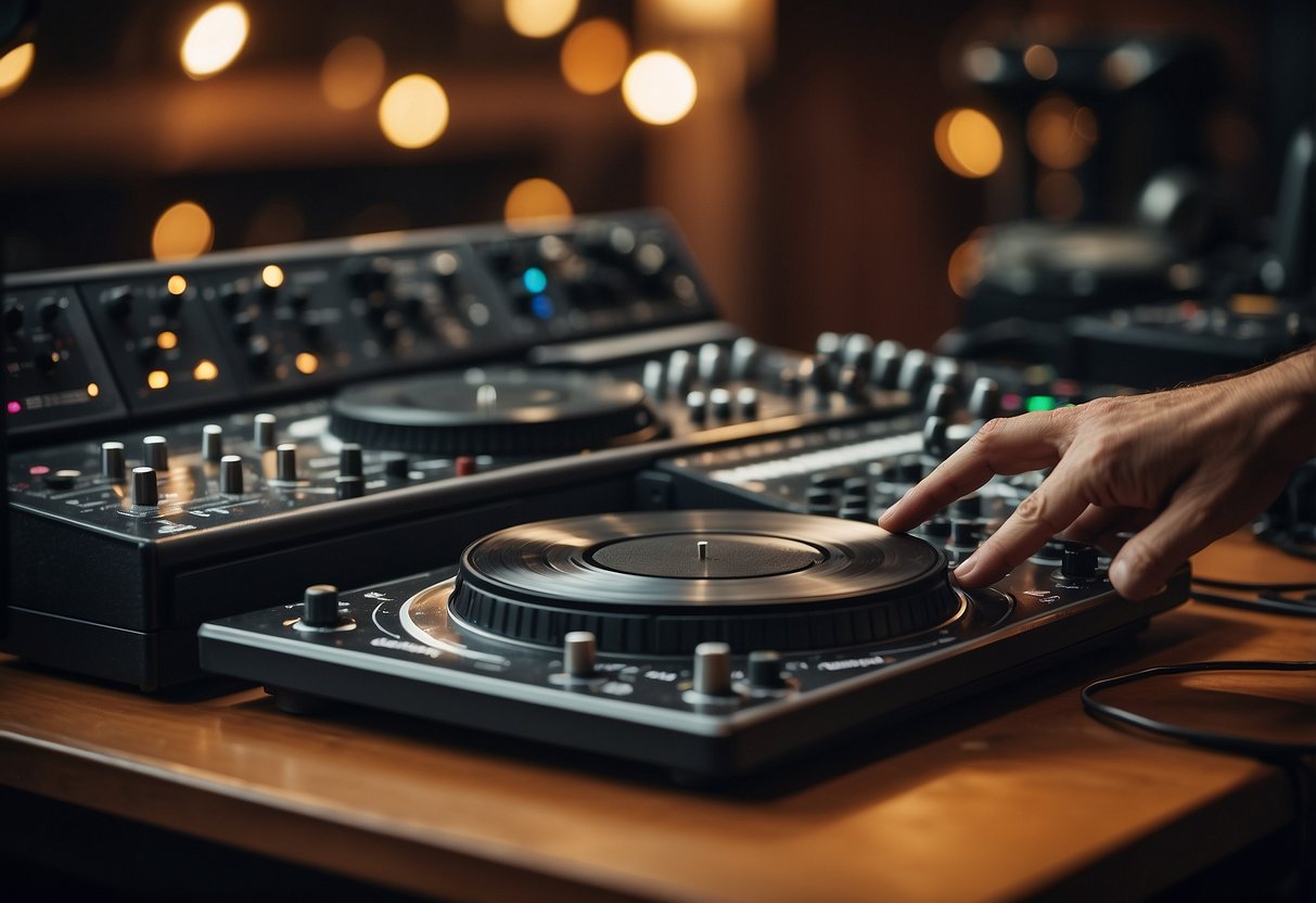 A hand reaching for a music selection guide, surrounded by various sound equipment and instruments