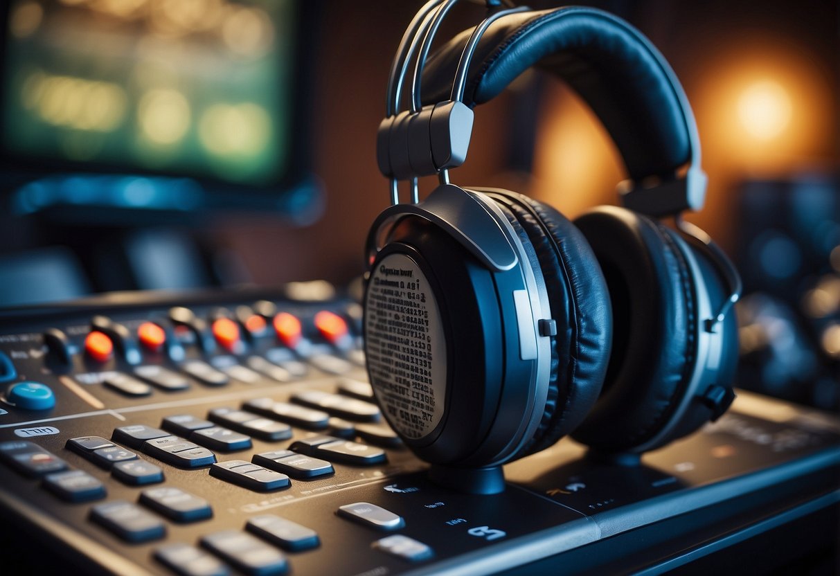 A digital calendar with labeled sports show time slots, surrounded by microphones and headphones