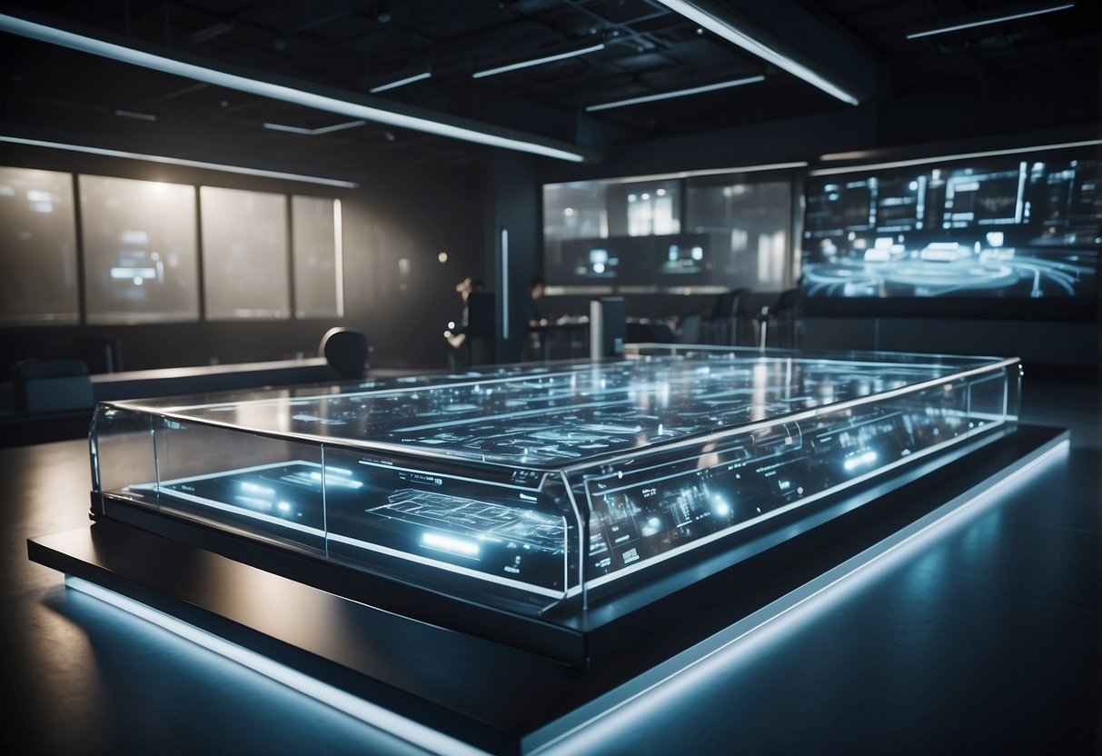 A futuristic stadium with holographic displays and smart equipment, surrounded by high-tech training facilities and data analysis centers