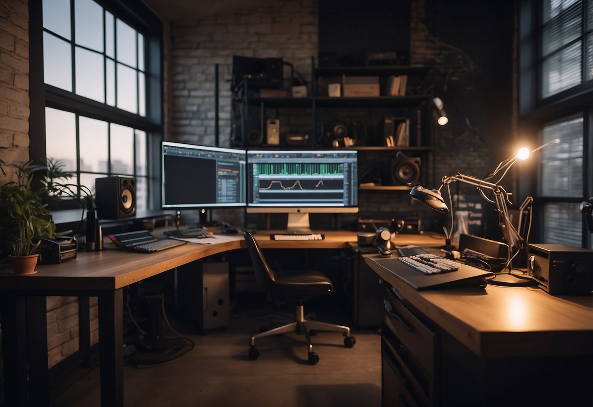 A studio with sports equipment, a calendar, and a computer showing podcast scheduling software. A host's desk with a microphone and headphones